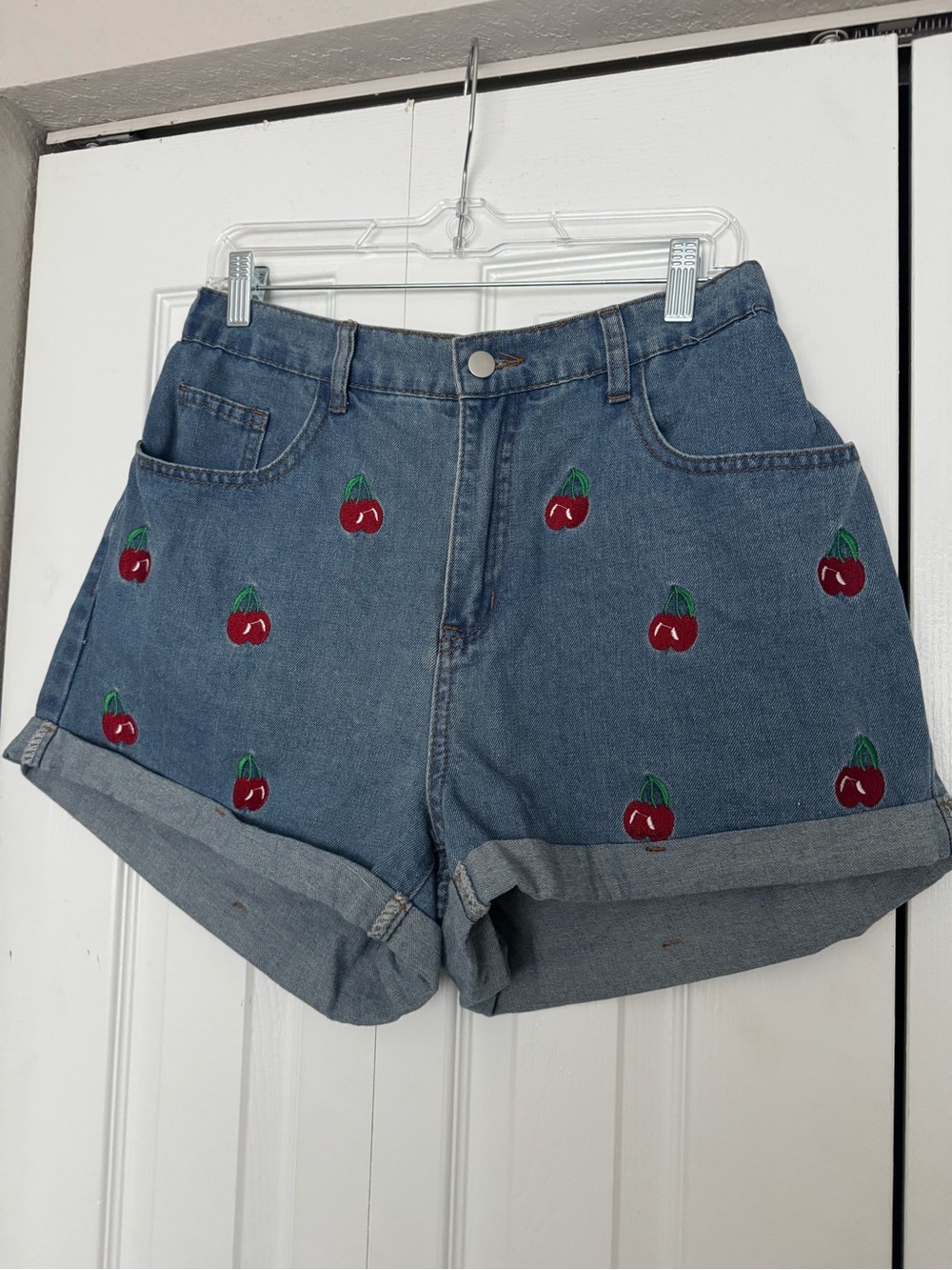 Denim Cherry Embroidered High-Rise Shorts - Picture 2 of 3